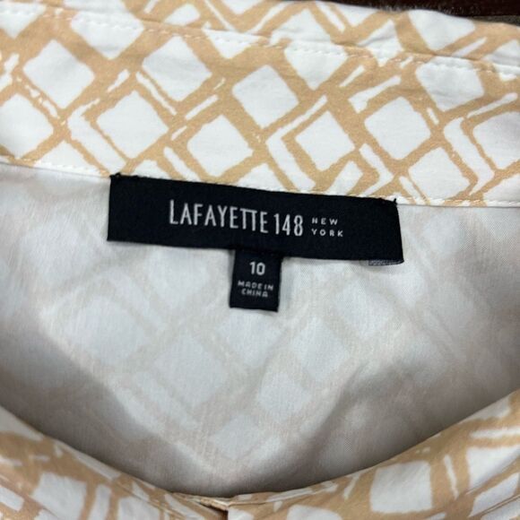 Layfayette 148 white/khaki square printed button up sz 10 - Picture 2 of 8